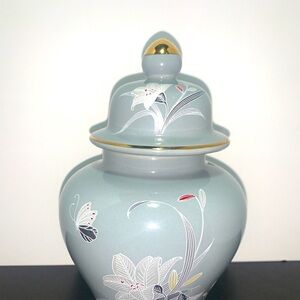 Fine China Ginger Jar Gray Floral & Butterfly Appliqué